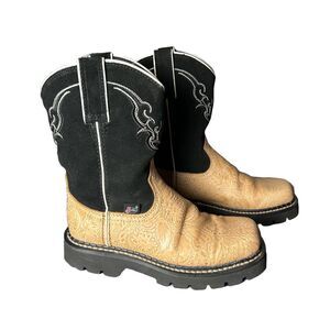Justin‎ Fatbaby Black Suede Tooled Tan Leather Western Boots Size 6 B  L8012